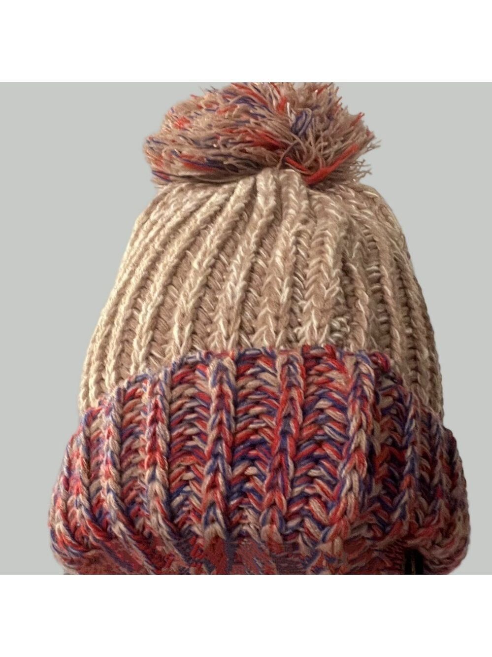 😍SHOW SPECIAL Beige Burgundy Knit Pom Pom Winter Hat NWT